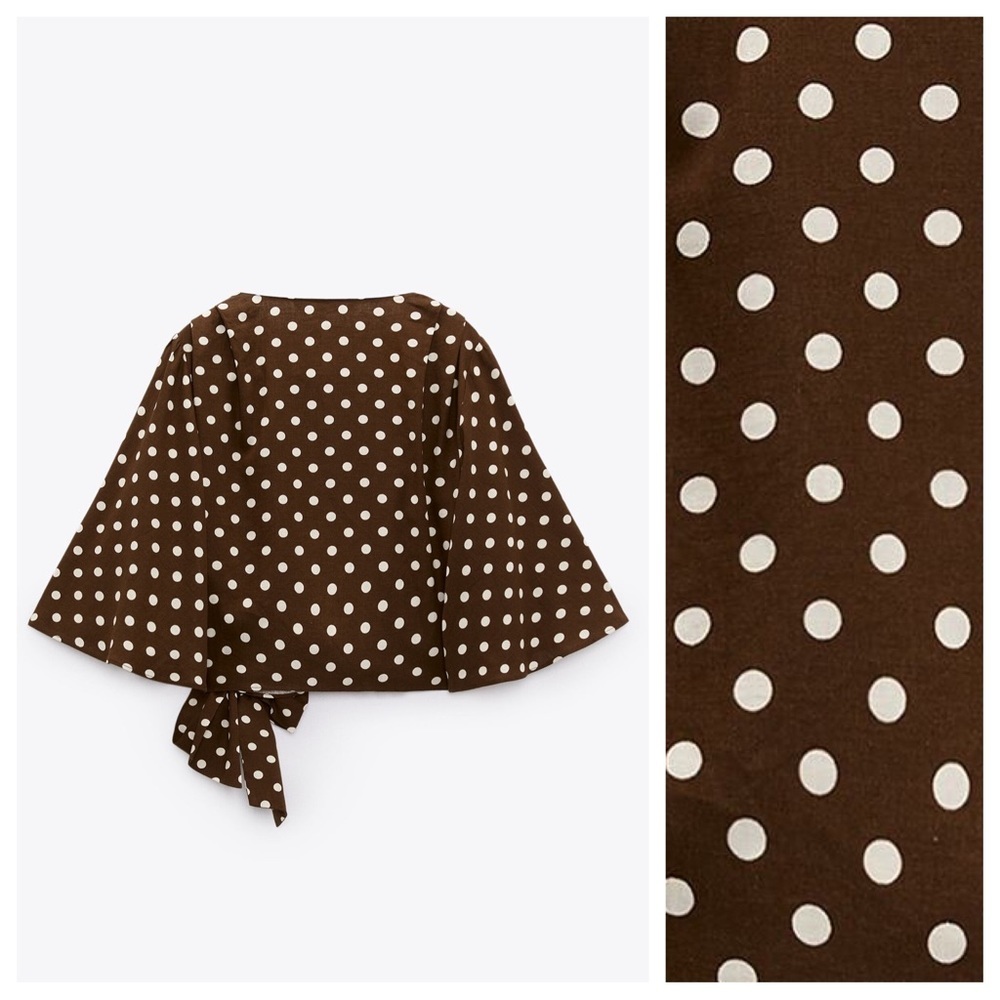 NWT. Zara Brown/Cream Polka Dots Crop Top with Bow. Size L. - Picture 9 of 12
